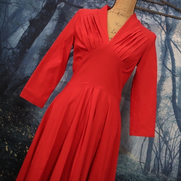 PIN UP DRESS M Red Retro Pin-up Rockabilly Long-sleeved V-neck Dance Matte 60s - Picture 13 of 14